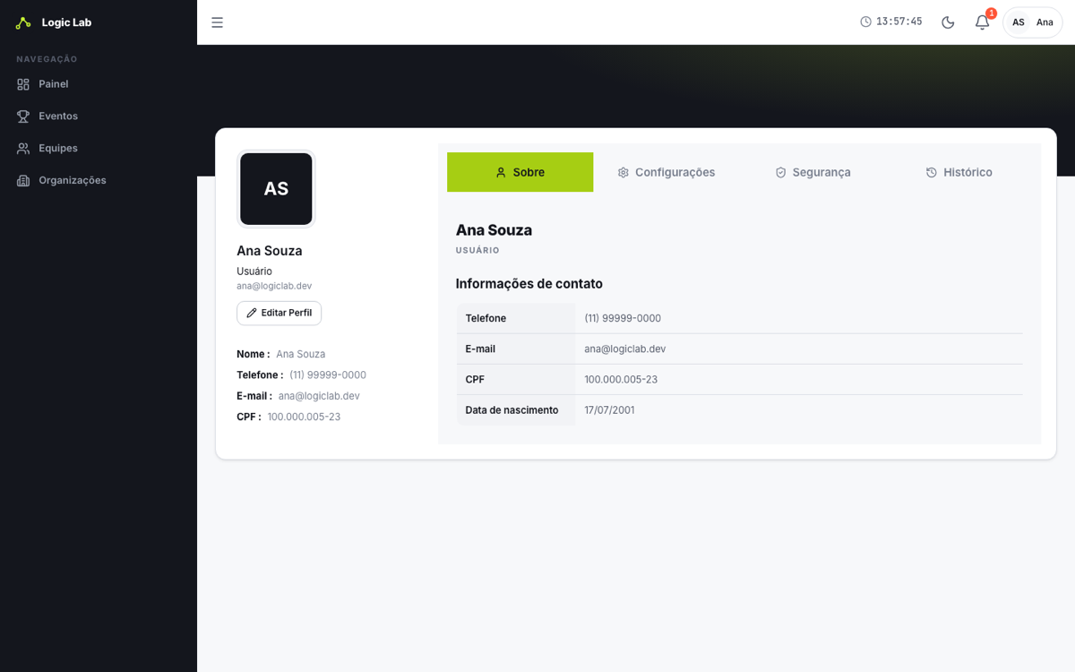 Página de perfil com as abas Sobre, Configurações, Segurança e Histórico