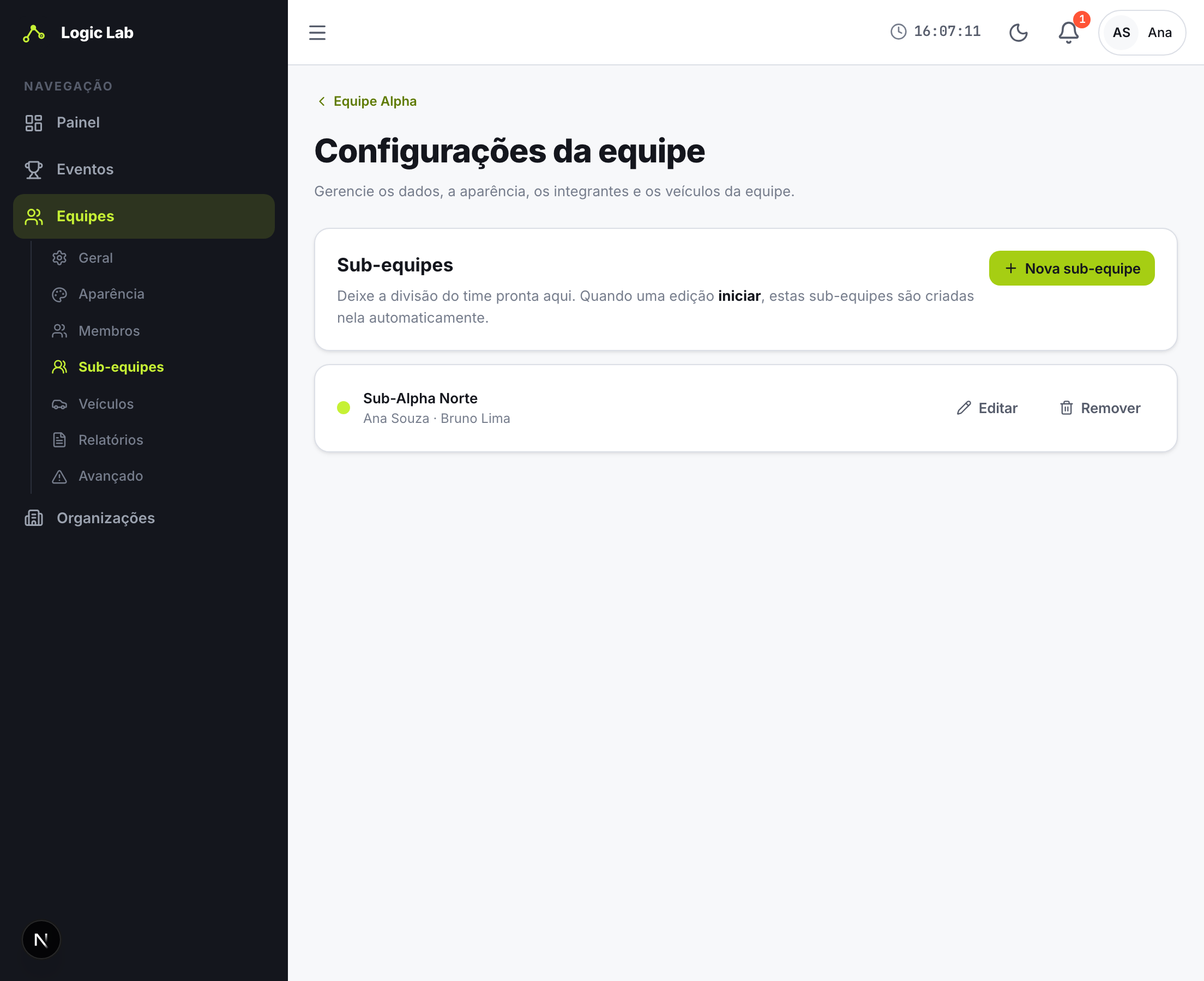 Aba Sub-equipes nas configurações da equipe, com as frentes pré-cadastradas