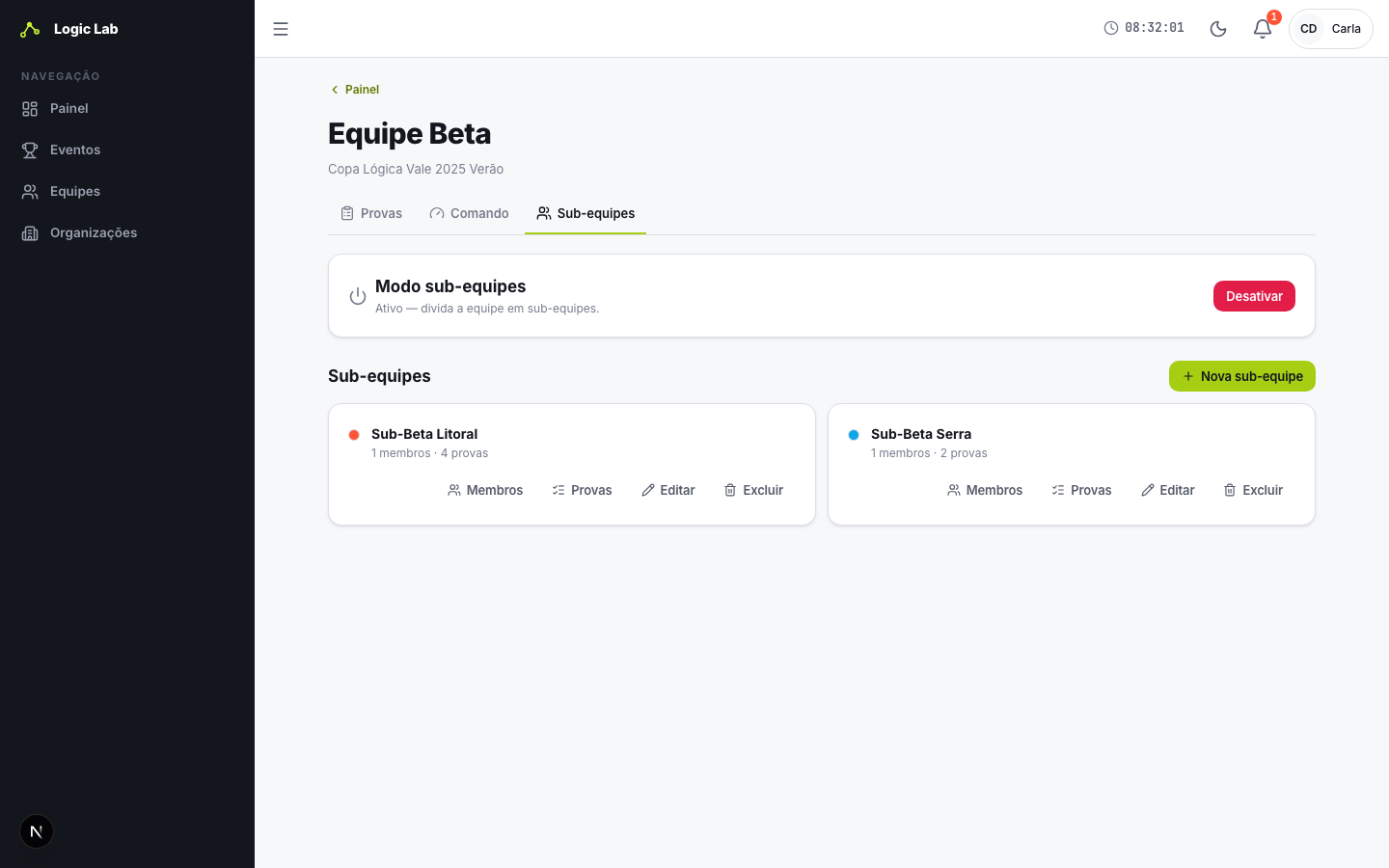 Tela de sub-equipes com o card do modo e a lista de sub-equipes