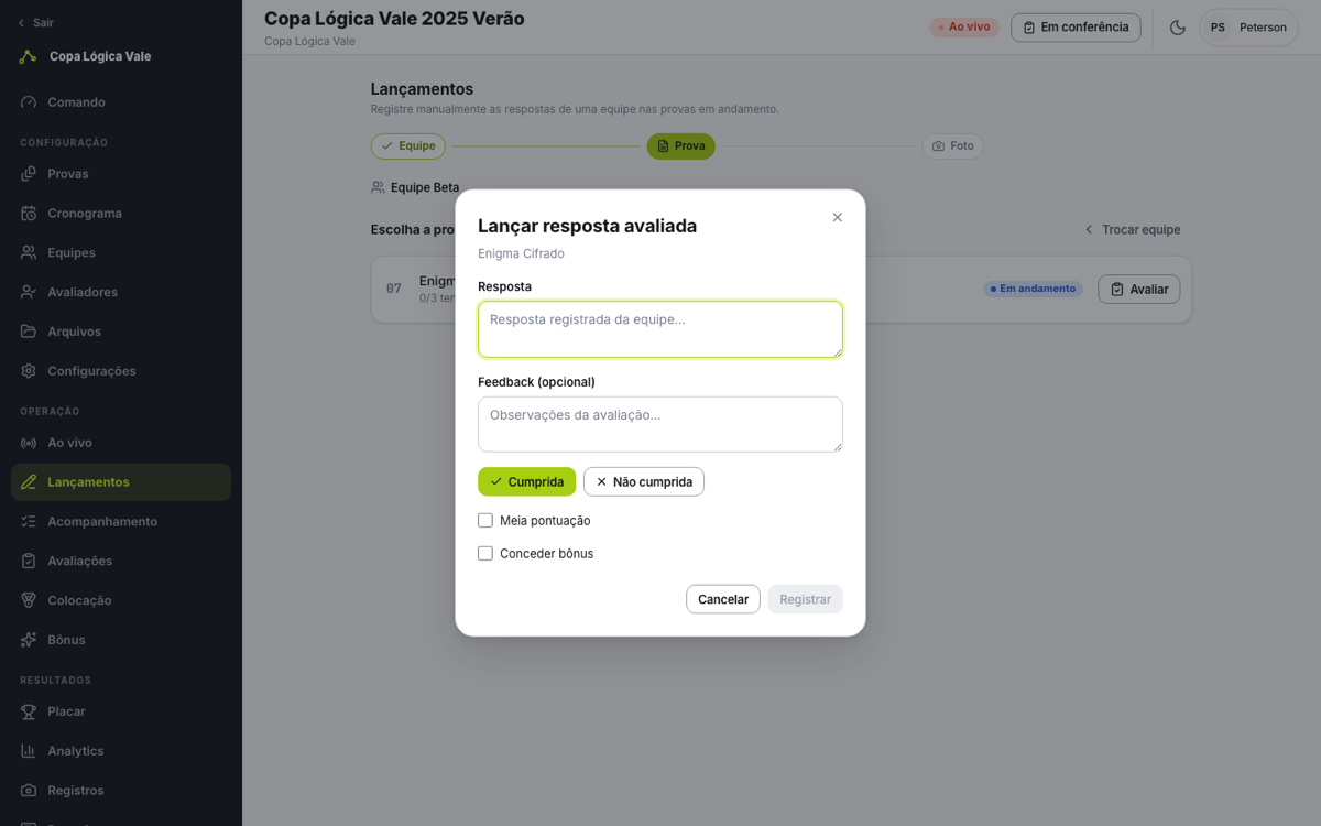 Diálogo Lançar resposta avaliada, com o veredito e os checkboxes de meia pontuação e bônus