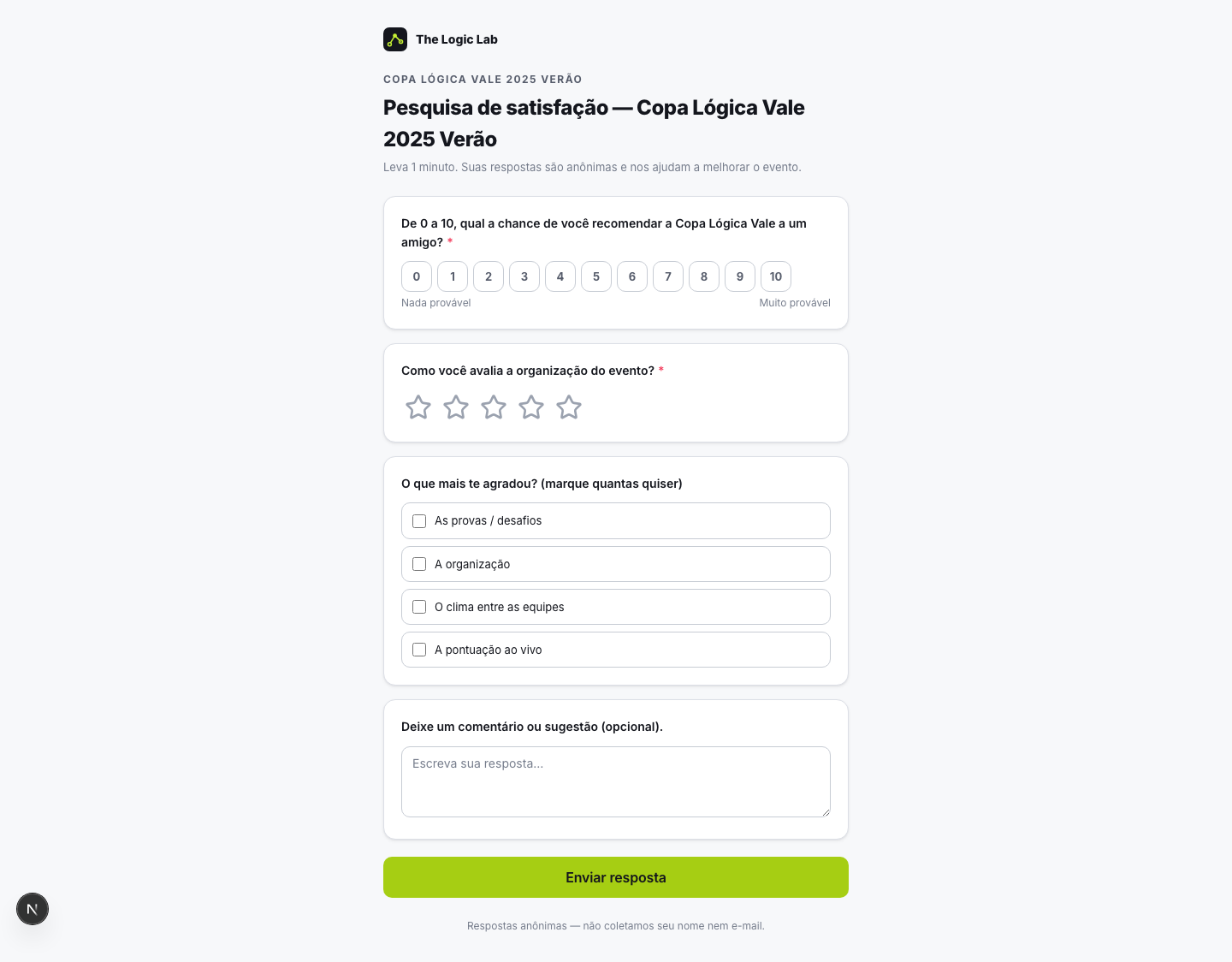 Formulário público da pesquisa NPS, sem login, como o participante vê